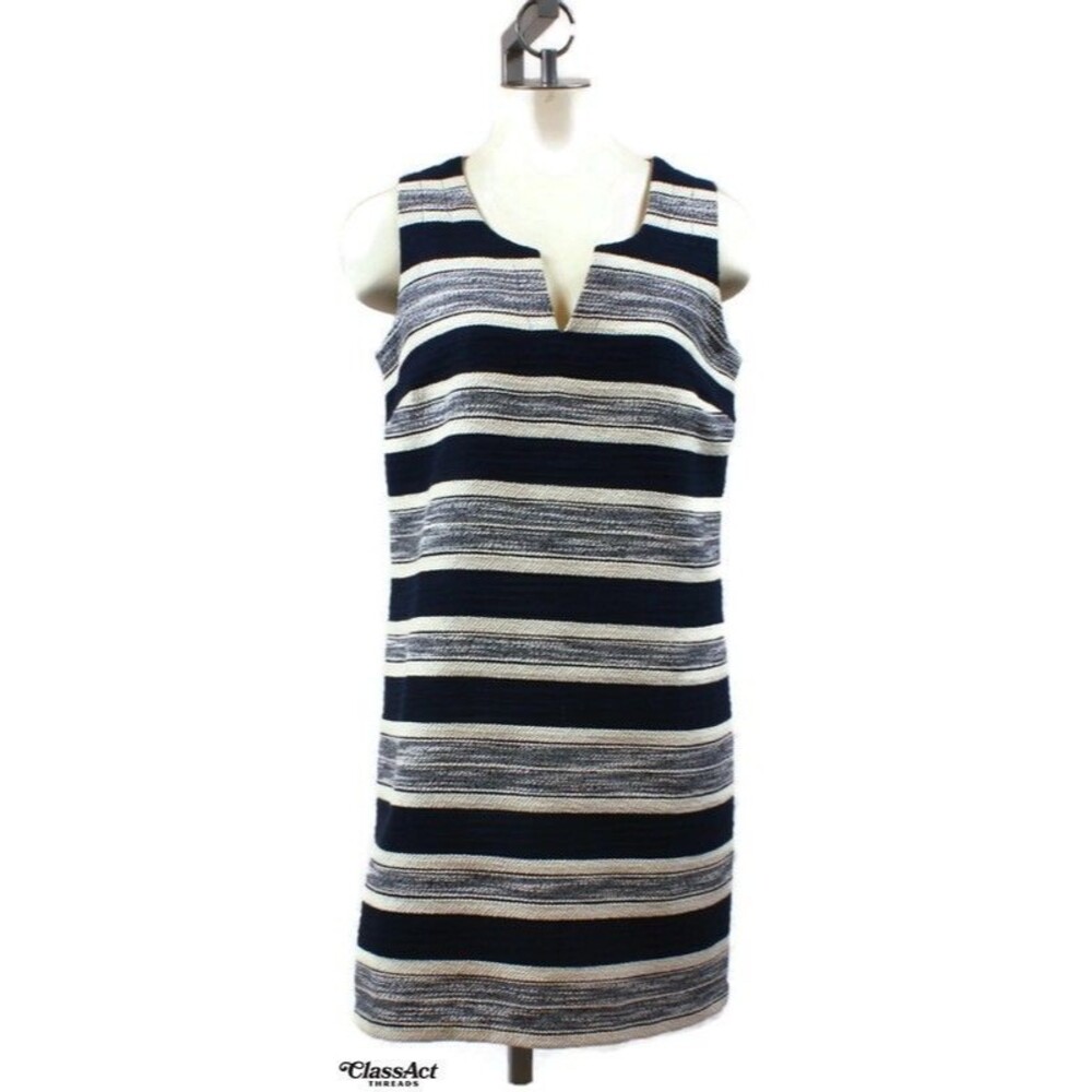 TOMMY Hilfiger Women Blue Striped Sleeveless Dress Casual Vneck Zipper Back Sz 8 - Picture 1 of 5